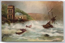 Wreck of Coupland 1861 Scarborough life boat storm gale artist Maritime Postcard