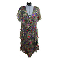 Vintage Ann Hobbs Cattiva 12 Gold Midi Dress Tiered Floral Metallic Chiffon