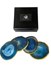 Blue Agate Stone Coaster - Set of 4. Natural crystal stone slices with gold trim