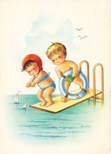 CHILDREN ON DIVING BOARD, FRANKIE ARTIST POSTCARD (ref 6521/24)