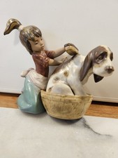 Lladro Gres Porcelain Figurine Bashful Bather Girl with Dog 1987 Made In Spain