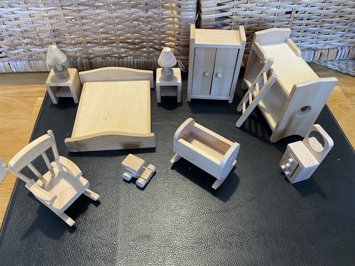 Wooden dolls house - dolls, furniture
