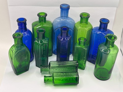 Old coloured glass bottles - 12,