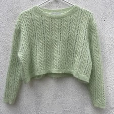 Zara Alpaca Cropped Jumper Womens Medium 42” Light Green Cable Knit Sheer Fuzzy