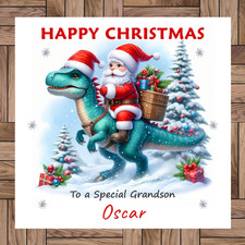 Personalised Christmas Card: Santa Riding A Dinosaur Any Relative & Name