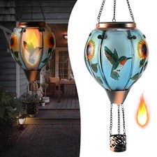 Hot Air Balloon Solar Lantern - Hummingbird Glass Lantern, Simulated Flickeri...