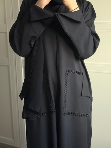 Women black open abaya - black,