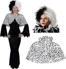 LADIES CRUELLA COSTUME DRESS WIG DALMATIAN CAPE HALLOWEEN FANCY DRESS DEVILLE -L