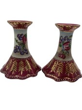 Pair Of Japanese Kutani Ware ?  Porcelain Candlesticks Hand Painted Decorative 3