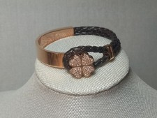 Folli Follie Bracelet Black Leather Braided Band & Crystal Shamrock St. Patty's