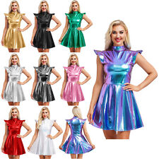 Women Skirts Sparkly Dress A-line Costume Mini Shiny Holographic Mock Neck Bar