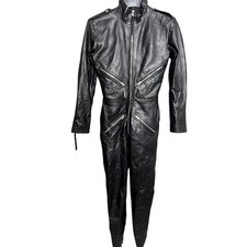 Leather Icon Vintage Motorcycle Jumpsuit S/ M Rare VTG Zip Pockets Long Sleeve 