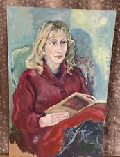 Lewis Davies Portrait Acrylic Painting Lady in Red Reading a Book Original