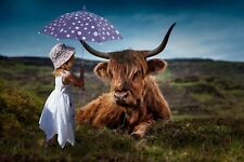 HIGHLAND COW WITH GIRL ABSTRACT CANVAS WALL ART FRAMED PICTURE 20 X 30 INCH