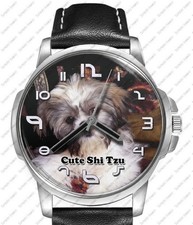 Shi Tzu Cute Pet Dog Black Leather Strap Watch