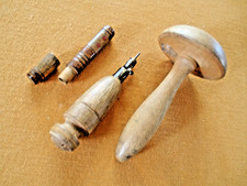 VINTAGE TREEN  HABERDASHERY WOOD NEEDLE CASE, DARNING MUSHROOM  & STITCHING TOOL