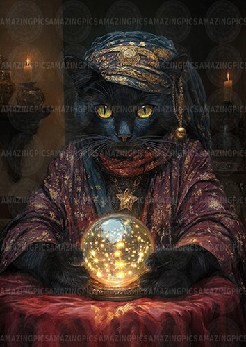 Black cat fortune teller art - black,