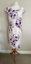 Jacques Vert Ivory Purple Floral Shantung Shift Dress Size 12 14 VGC Bead Detail