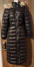 RIVER ISLAND Black Faux Fur Lined Hooded Quilted Coat with Belt - UK 6 / EU 32