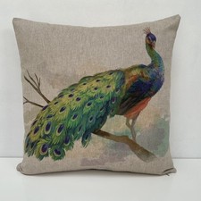 Teal Blue Green Peacock Eye Feather Linen Look Trpoical Fabric Cushion Cover