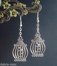 Cute Bird in a Cage Dangly Silver-Plated Earrings in Gift Pouch