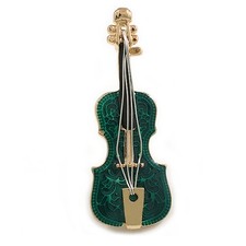 Green Enamel Violin Musical Instrument Brooch in Gold Tone - 50mm Tall