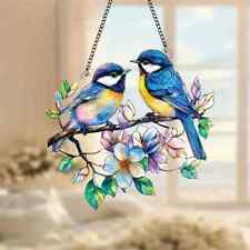 Blue Tit Branch Shaped Flower Suncatcher Stained Glass Effect Hanging Decor Gift