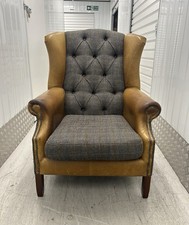 Leather & Harris Tweed Wingback Armchair By Vintage Sofa Company
