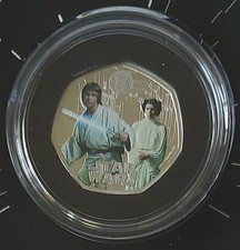 Luke Skywalker and Princess Leia Coloured 50p Piedfort Coin Star Wars New Boxed