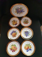 Czechoslovakian 6 Side Plates / Large Serving Plate - Fruit Pattern & Gold Rims