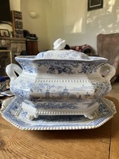 Antique Staffordshire Blue & White Tureen with Tray , Needs TLC. Has Damage
