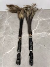 Pair Of Vintage Tribal Carved African Wooden Horse Hair Fly Swat /Switch/ Whip