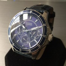 Mens Guess Designer Watch LONGITUDE W0671G1  Blue Steel Leather
