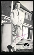 Musician Max Greger, portrait standing with saxophone, autograph, postcard 