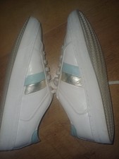 White Leather Trainers by Carvela Size 4/37 Blue & Silver Stripes Preloved VGC