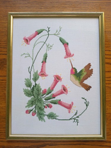 Framed needlepoint hummingbird - framed,