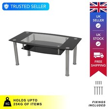 Black Glass Coffee Table - Side Table - With Shelf & Chrome Legs - Living Room