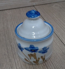 Small Stoneware Sugar Bowl Lidded Hand Painted Blue Floral Design Vintage