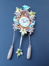 Antique Sterling Silver Enamel Bird Cuckoo Clock Brooch Germany Christmas