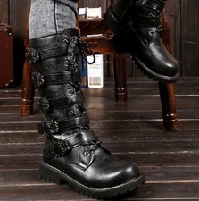 Gothic Mens Punk Rock Biker Knee High Army Combat Buckle Boots Military Shoes BJ