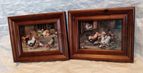 Pair wooden framed chicken - pair,