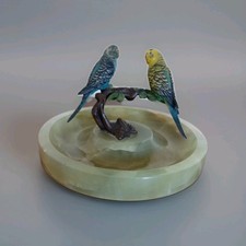Antique Cold Painted Vienna Bronze Budgies on Green Onyx stand Dish