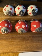 See of 6 Vintage Ceramic Drawer Knobs Cabinet Handles Red And White Dots