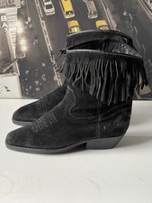 GET INTO STIRRUPS Retro Ladies Black Suede Tasseled Ankle Cowboy Boots EU 39