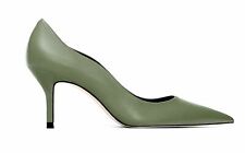 ZARA HEELS OLIVE GREEN LEATHER SHOES POINTED TOE SCALLOP COURT SHOES NEW