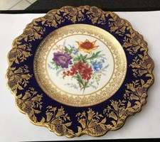 ANTIQUE VINTAGE PARAGON FLORAL FLOWER COBALT BLUE & GOLD GILT 21cm CABINET PLATE