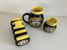 Marmite Jar Shaped Ceramic Mug Egg Cup & Toast Rack Set  Novelty Yeast Extract 