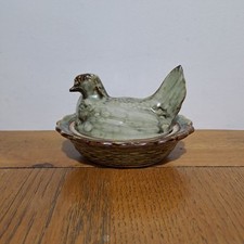Lovely Vintage Studio Pottery Hen on Nest Ornament Mottled Green Brown Glaze