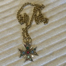 Vintage Gold Tone Maltese Cross Pendant Necklace Multi Colour Paste Rhinestones 
