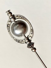 Beautiful Silver Pearl Hat Pin Vintage Antique Tibetan Style 5" & Pin Protector